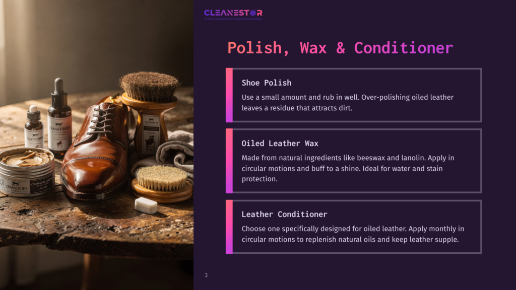 A Pair Of Polished Brown Leather Oxfords Sits On A Wooden Table Next To Shoe Polish, Conditioner, Wax, And Brushes, Ready For Leather Care.