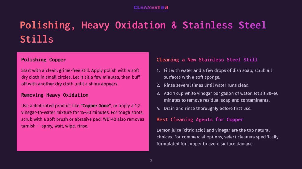 A Pink And White Informational Graphic About Cleaning A Stainless Steel Still. Text Reads: &Quot;Polishing Copper&Quot; With Instructions To Use A Cloth And Polish. Another Section Says &Quot;Removing Heavy Oxidation&Quot; With Instructions To Use &Quot;Copper Gone&Quot; Or Vinegar-To-Water Mixture. A Section Titled &Quot;Best Cleaning Agents For Copper&Quot; Suggests Lemon Juice And Vinegar As Top Natural Choices.