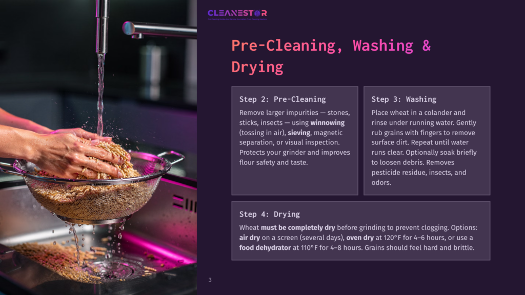 3 Pre Cleaning Washing And Drying A Person Washing Wheat In A Kitchen Sink Under Running Water. A Text Box To The Right Describes The Washing Process, And A Box Below It Explains The Drying Process.