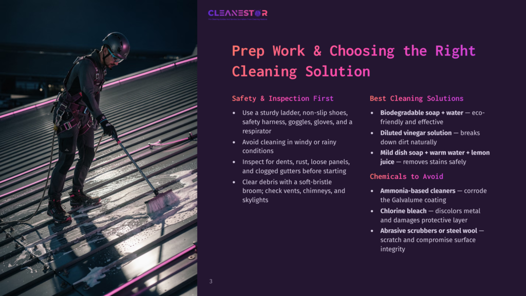 3 Prep Work And Choosing The Right Cleaning Solution A Worker In A Safety Harness Cleans A Metal Roof With A Brush, Preparing For Cleaning Solutions Like Biodegradable Soap And Water, Or Mild Dish Soap And Warm Water.