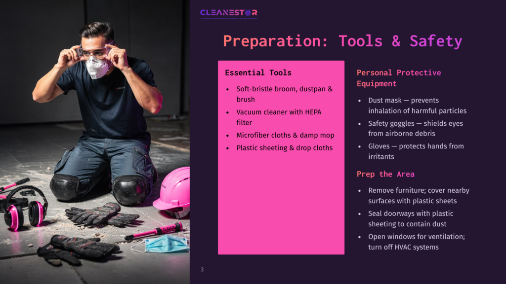 A Man In A Blue Shirt And Grey Pants Puts On Safety Goggles And A Respirator Mask, Preparing For Cleaning. Essential Tools Like Gloves, Headphones, And A Pink Hard Hat Are Laid Out On The Floor.