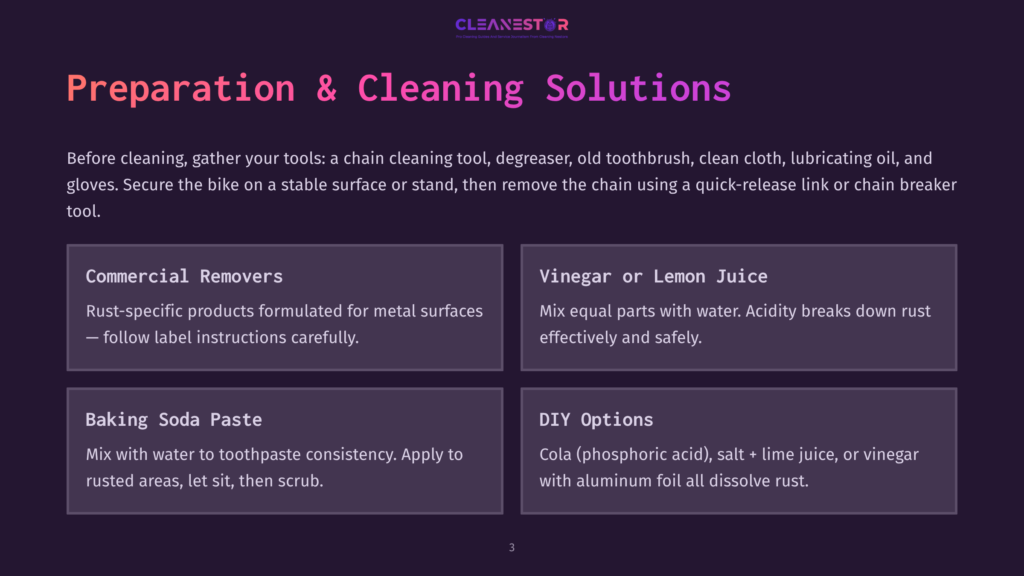3 Preparation And Cleaning Solutions Preparation And Cleaning Solutions For Bike Maintenance, Including Commercial Removers, Vinegar Or Lemon Juice, Baking Soda Paste, And Diy Options Such As Cola With Aluminum Foil.