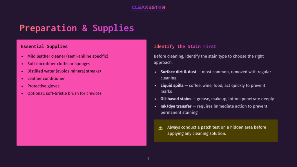 A Presentation Slide Titled &Quot;Preparation &Amp; Supplies&Quot; And &Quot;Identify The Stain First&Quot; Lists Essential Cleaning Supplies And Common Stain Types. The Slide Has A Pink And Purple Color Scheme.
