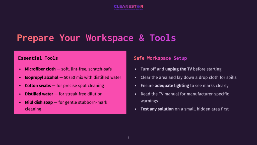 A Pink Banner On A Purple Background Displays Essential Tools And Safe Workspace Setup Instructions. Tools Include Microfiber Cloth, Isopropyl Alcohol, Cotton Swabs, Distilled Water, And Mild Dish Soap. Safety Tips Include Turning Off The Tv, Ensuring Adequate Lighting, Reading The Tv Manual, And Testing Solutions On A Hidden Area First.