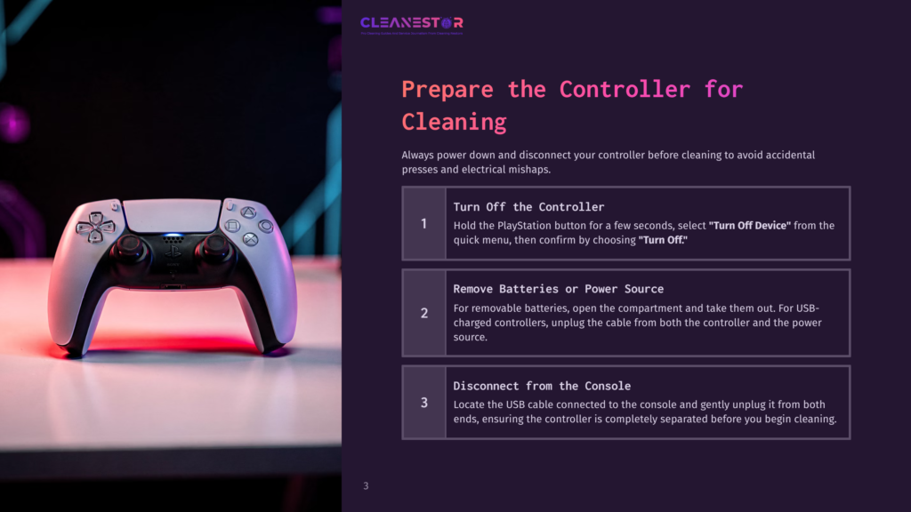 3 Prepare The Controller For Cleaning A White Playstation 5 Dualsense Controller With Glowing Blue And Pink Lights Sits On A Dark Surface, Ready For Cleaning Preparation Instructions.