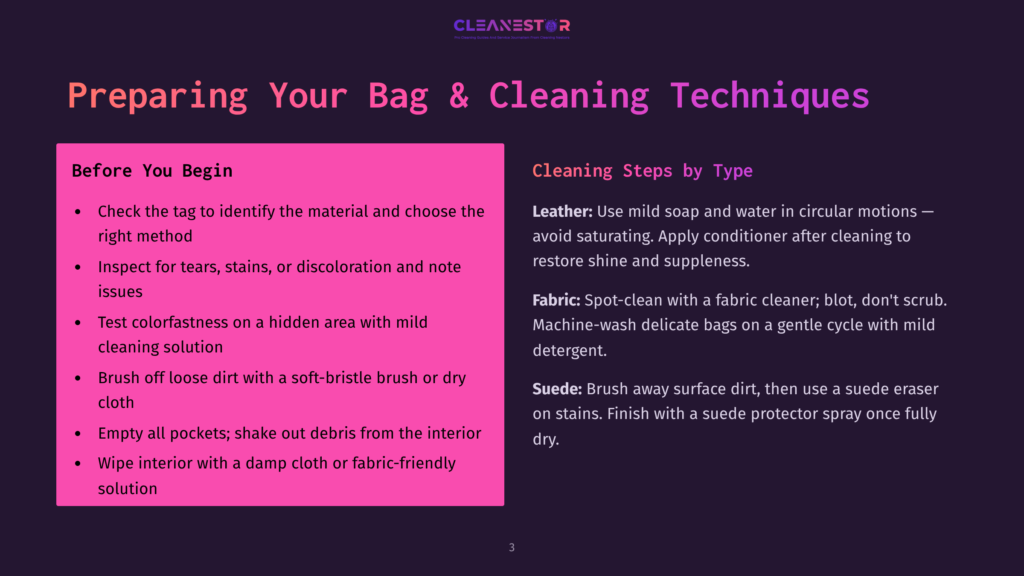 Presentation Slide Titled &Quot;Preparing Your Bag &Amp; Cleaning Techniques,&Quot; Detailing Bag Cleaning Steps By Material Type, Including Leather And Fabric.