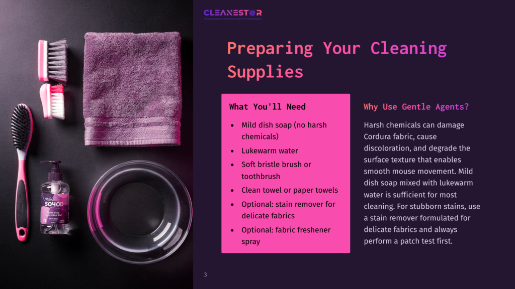 Overhead View Of Cleaning Supplies: Two Pink-Bristled Brushes, A Folded Purple Towel, A Clear Bottle Of Sono Dish Soap, And A Clear Glass Bowl On A White Surface.