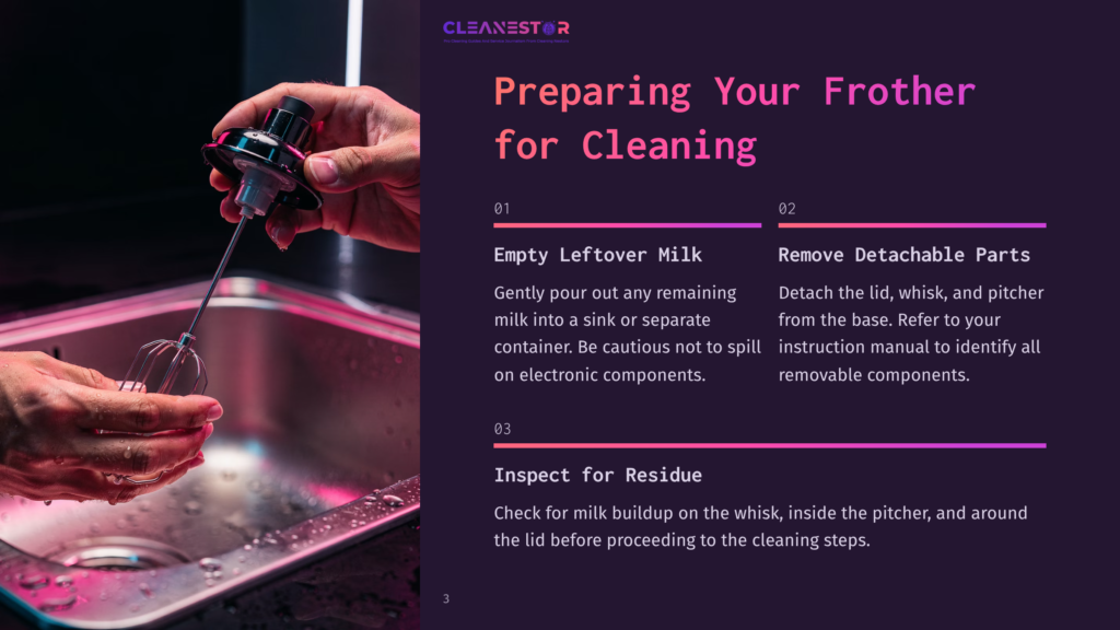 Person Rinsing A Milk Frother Whisk Attachment Under A Faucet In A Stainless Steel Sink, Preparing For Cleaning.