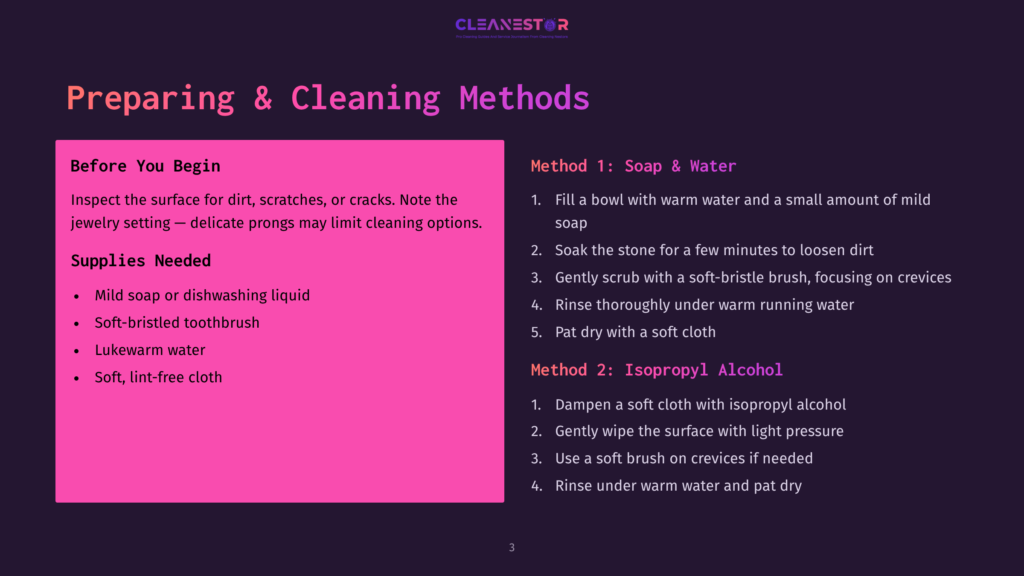 Presentation Slide Titled &Quot;Preparing &Amp; Cleaning Methods&Quot; With Two Cleaning Methods For Jewelry: Method 1: Soap &Amp; Water And Method 2: Isopropyl Alcohol. Includes A &Quot;Before You Begin&Quot; Section With Instructions And Supplies Needed.