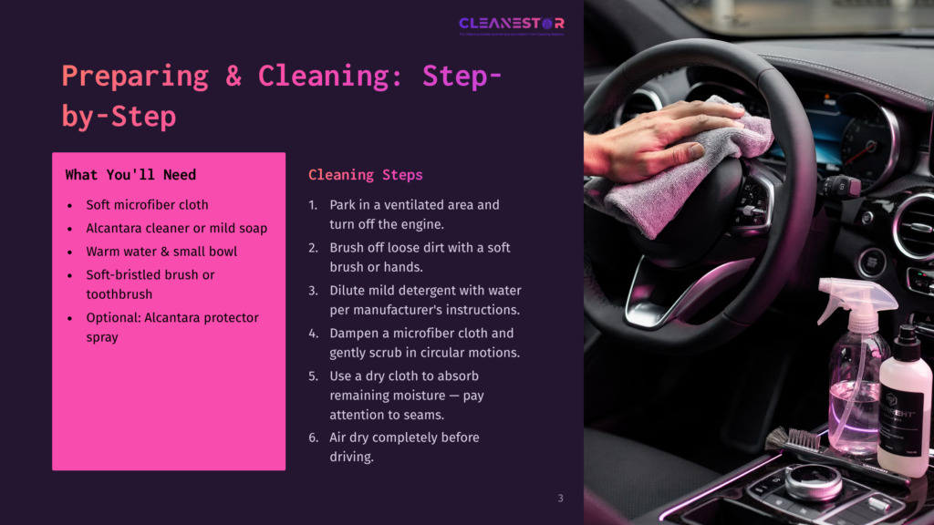 Close-Up Of A Hand In A Car Interior Holding A Gray Microfiber Cloth, Preparing To Clean A Steering Wheel. Text Overlay Reads &Quot;Cleanestor Preparing &Amp; Cleaning: Step-By-Step&Quot;.