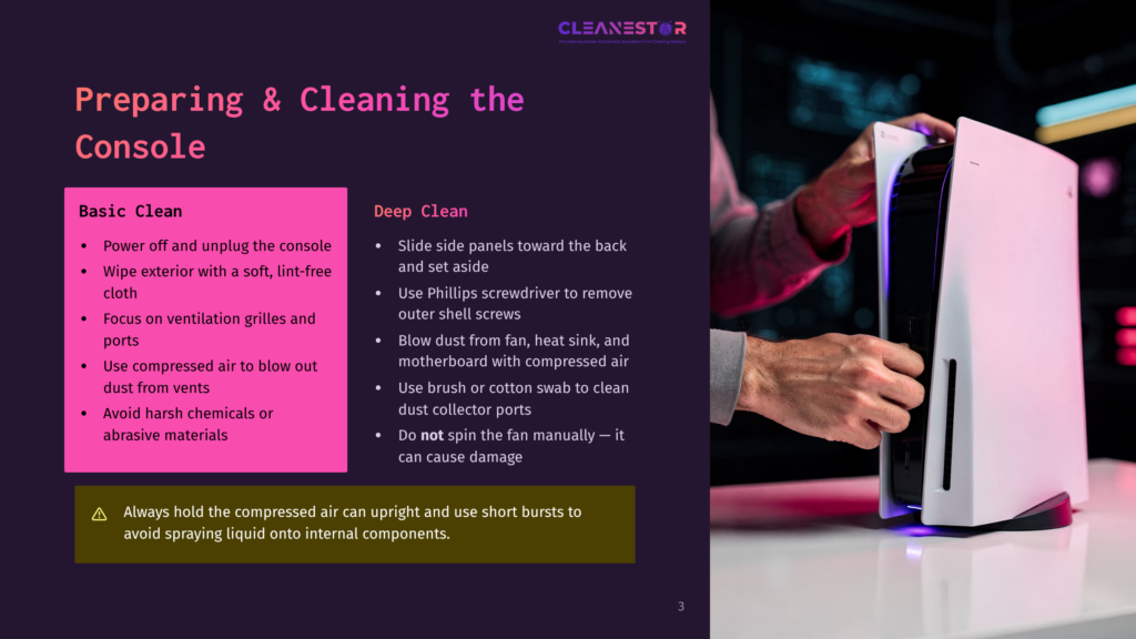 3 Preparing And Cleaning The Console Close-Up Of Hands Carefully Cleaning A White Playstation 5 Console With A Brush And Compressed Air, With Instructions For Preparing And Cleaning The Console Displayed On A Purple Background.