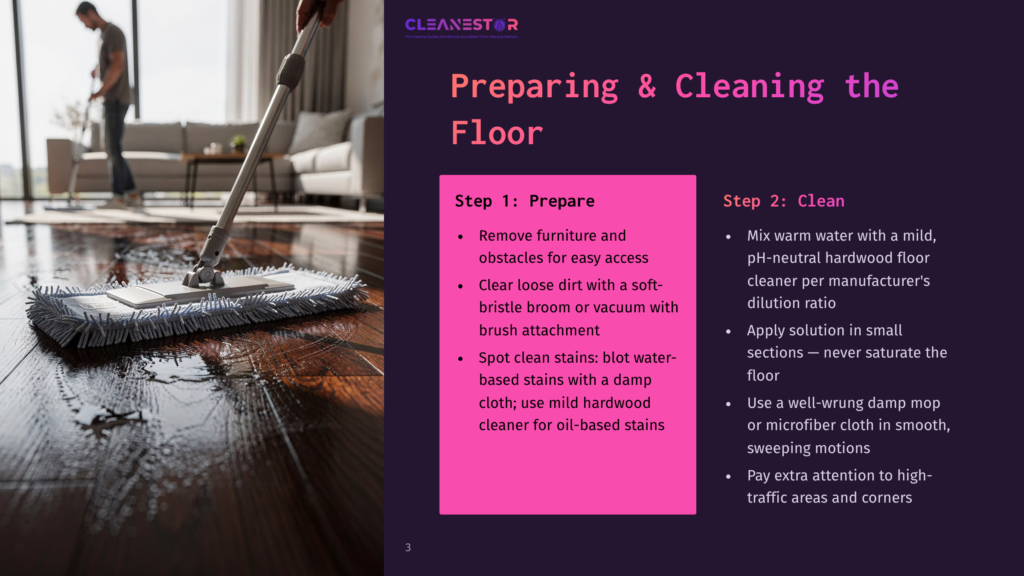 3 Preparing And Cleaning The Floor 1 A Person Mops A Shiny, Dark Wood Floor With A Microfiber Mop, With Sunlight Streaming In From A Large Window. The Image Includes Text: &Quot;Cleanestor Preparing &Amp; Cleaning The Floor Step 1: Prepare Step 2: Clean&Quot;.