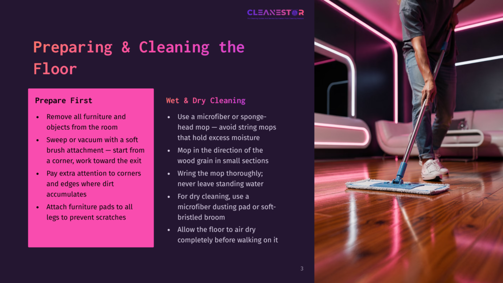 3 Preparing And Cleaning The Floor A Person In A Grey T-Shirt Mops A Shiny, Polished Wooden Floor With A Blue And White Microfiber Mop, Surrounded By Modern Pink And Purple Neon Lights.