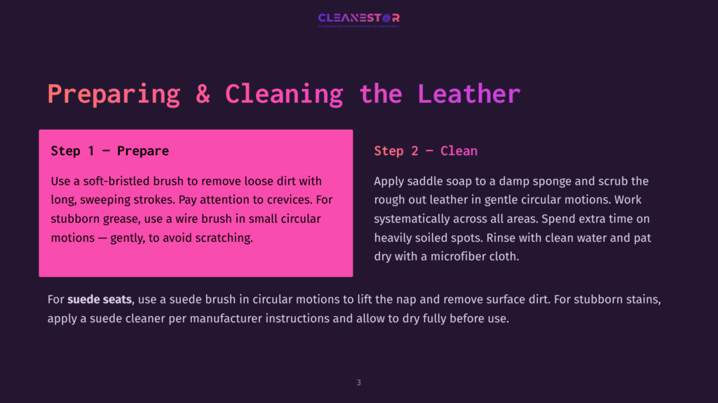 Preparing And Cleaning Leather: Step 1 - Prepare, Use A Soft-Bristled Brush To Remove Loose Dirt. Step 2 - Clean, Apply Saddle Soap To A Damp Sponge And Scrub The Rough Out Leather In Gentle Circular Motions.