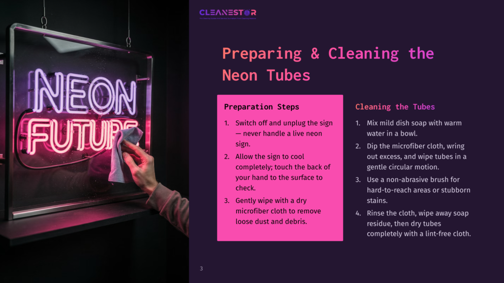 A Person Wipes A Neon Sign Labeled &Quot;Neo Future&Quot; With A Cloth Against A Dark Background, Illustrating Cleaning Neon Tubes, With Instructions On How To Prepare And Clean Them.