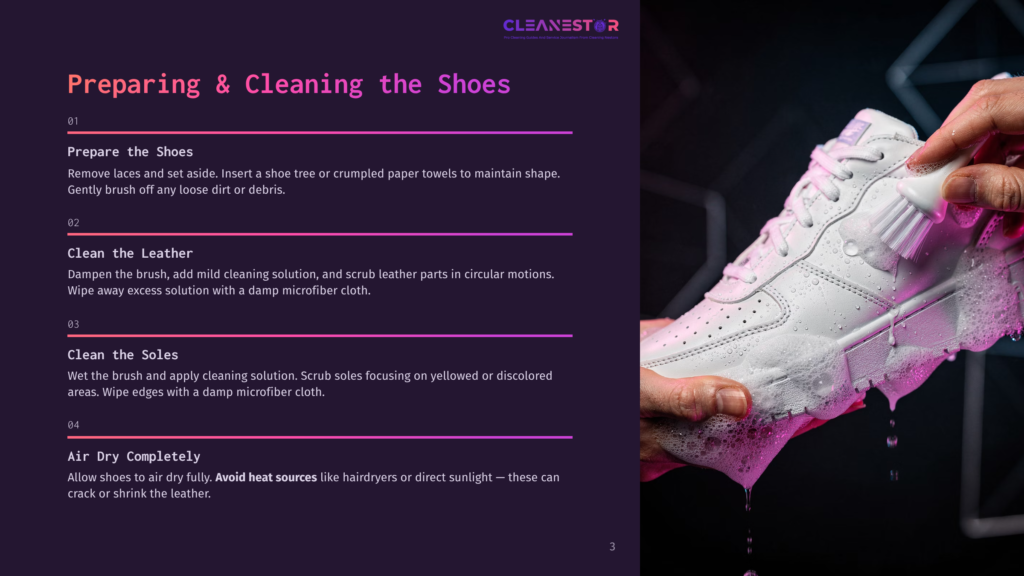 3 Preparing And Cleaning The Shoes Close-Up Of A Hand Cleaning A White Nike Air Force 1 Shoe With A Brush And Pink Cleaning Solution, Illustrating The Shoe Cleaning Process.