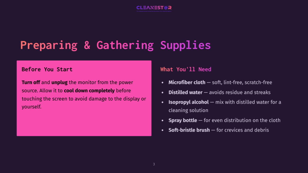 Slide Titled &Quot;Preparing &Amp; Gathering Supplies&Quot; With Text: &Quot;Before You Start: Turn Off And Unplug The Monitor... Cool Down Completely.&Quot; And &Quot;What You'Ll Need: Microfiber Cloth, Distilled Water, Isopropyl Alcohol, Spray Bottle, Soft-Bristle Brush.