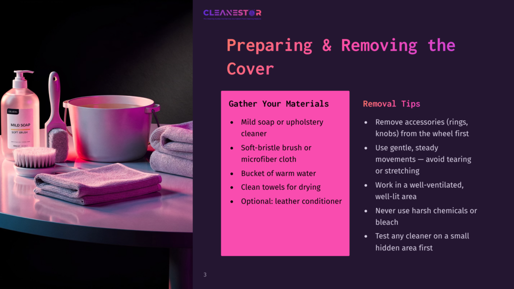 Cleaning Supplies For Upholstery: Mild Soap Bottle, Soft Brush, Bucket Of Warm Water, And Clean Towels, With Text &Quot;Preparing &Amp; Removing The Cover&Quot; And &Quot;Gather Your Materials&Quot; On A Pink Background.
