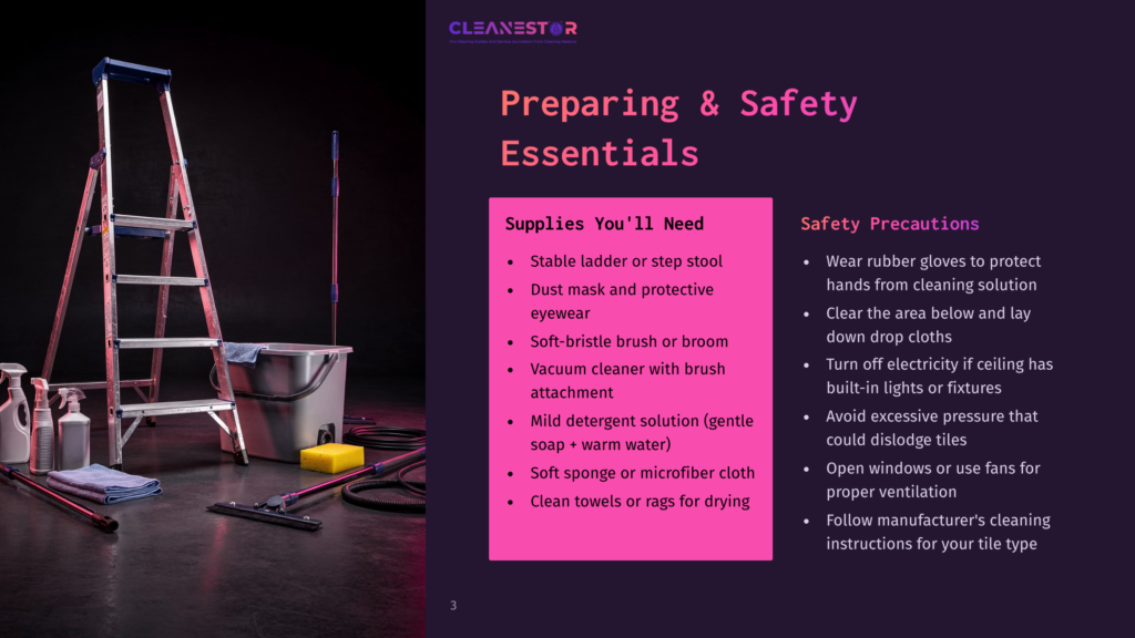 3 Preparing And Safety Essentials A Cleaning Supplies Checklist For Tile And Grout Cleaning, Featuring A Stepladder, Bucket, Mop, Cleaning Solutions, And Cloths. The Slide Includes &Quot;Preparing &Amp; Safety Essentials&Quot; And &Quot;Safety Precautions.