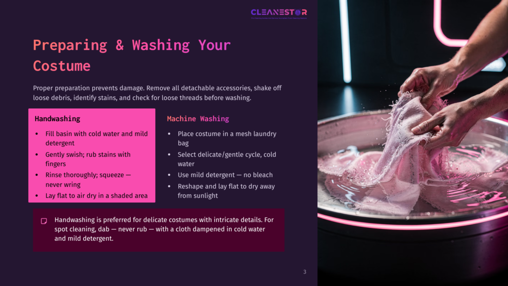 Close-Up Of Hands Gently Washing A Delicate Pink Costume In A Basin Of Clear Water, With Instructions For Handwashing And Machine Washing Visible On The Left.