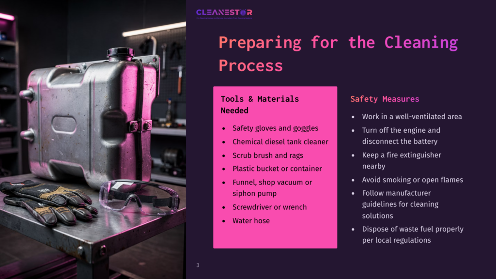 3 Preparing For The Cleaning Process A Workshop Setting Displays Tools And Materials For Cleaning, With A Chemical Diesel Tank Cleaner And Safety Gloves On A Metal Table. A Pink Safety Banner Lists Safety Measures, And A Metallic Can Rests On The Left, While Protective Goggles And Gloves Are Laid Out On The Table.