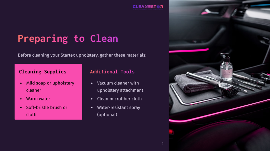 A Car Interior With Pink Ambient Lighting, Featuring Cleaning Supplies Like A Spray Bottle, Microfiber Cloth, And Brushes On The Center Console. The Text &Quot;Preparing To Clean&Quot; And &Quot;Cleaning Supplies&Quot; Is Visible.