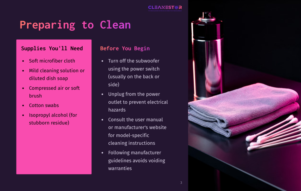 A Cleaning Guide With The Title &Quot;Preparing To Clean&Quot; Lists Supplies And Instructions. Supplies Include Microfiber Cloth, Cleaning Solution, Compressed Air, Cotton Swabs, And Isopropyl Alcohol. Instructions Advise Turning Off The Power, Unplugging The Device, And Consulting The Manual.