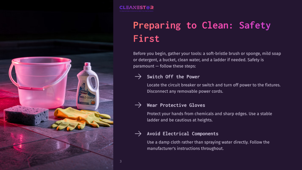 A Pink Plastic Bucket, Yellow Rubber Gloves, And A Blue Sponge Sit On A Wet, Reflective Tiled Floor Next To A Bottle Of &Quot;Apray Mild Soap&Quot;.