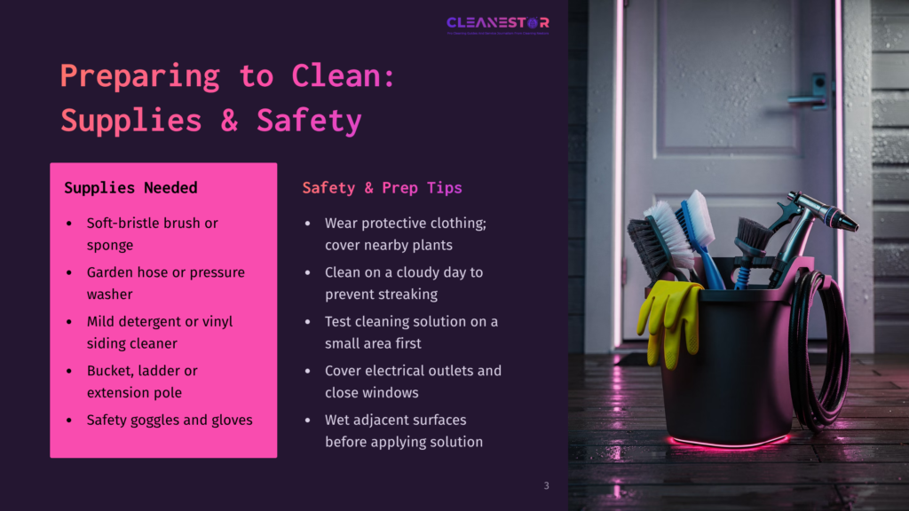 A Black Bucket Overflows With Cleaning Supplies: Brushes, Sponges, And Yellow Gloves, With A Coiled Hose And Spray Nozzle To The Right. The Text &Quot;Cleanestor&Quot; Is Visible At The Top.