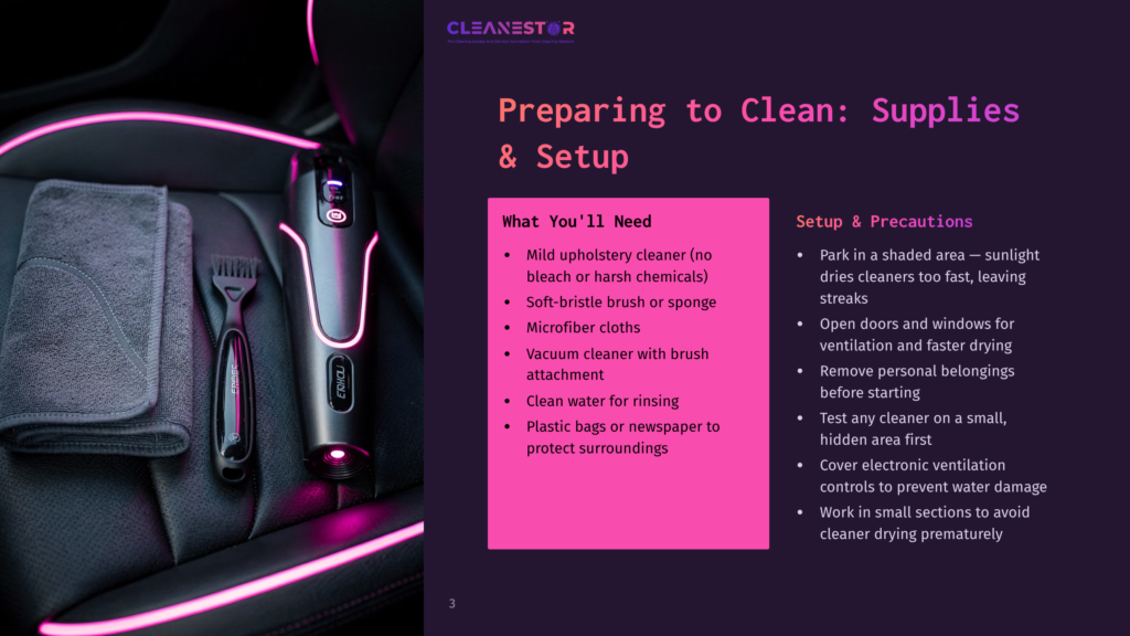 Close-Up Of A Car Detailing Kit Including A Microfiber Cloth, A Detailing Brush, And A Handheld Upholstery Cleaner, Placed On A Car'S Leather Seat With Pink Ambient Lighting.