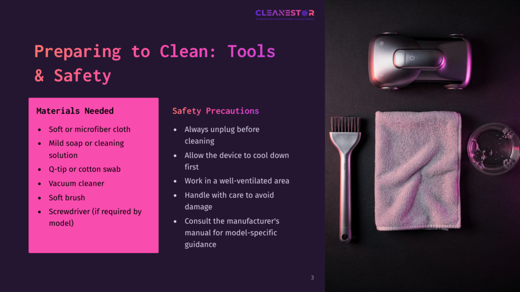 An Infographic On A Black Background Titled &Quot;Preparing To Clean: Tools &Amp; Safety&Quot; Displays Cleaning Tools Like A Soft Microfiber Cloth, Q-Tip Or Cotton Swab, Vacuum Cleaner, And A Soft Brush. Safety Precautions Include Unplugging The Device Before Cleaning, Allowing It To Cool Down, Working In A Well-Ventilated Area, Handling With Care, And Consulting The Manufacturer'S Manual.