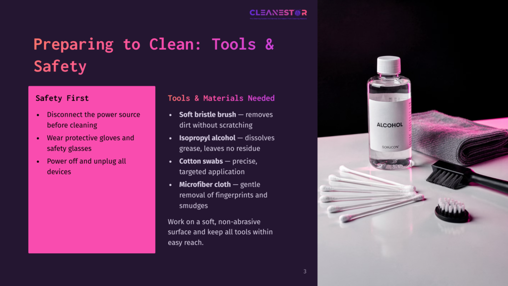 A Bottle Of &Quot;Alcohol&Quot; Cleaner Sits Next To Cleaning Tools Like Cotton Swabs And A Microfiber Cloth, Ready For Preparing To Clean.