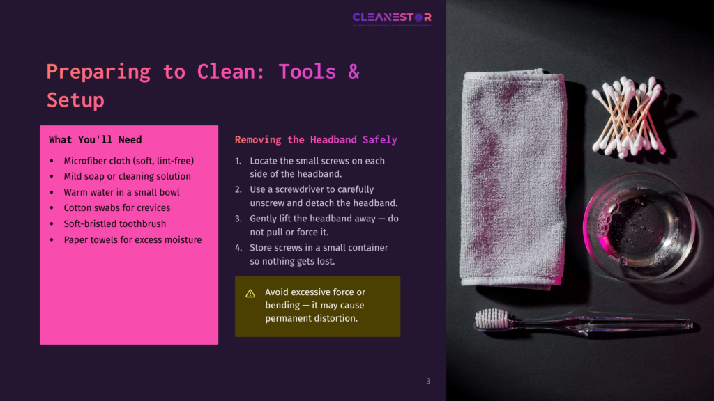 3 Preparing To Clean Tools And Setup 1 Overhead View Of A White Microfiber Cloth, Cotton Swabs, A Toothbrush, And A Small Bowl Of Water With A Magnifying Glass, Set Against A Dark Background. Text Overlay Reads &Quot;Preparing To Clean: Tools &Amp; Setup&Quot; And &Quot;Removing The Headband Safely.