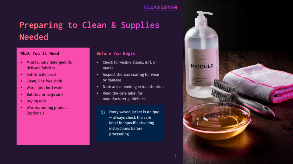 A Still Life Of Cleaning Supplies For A Wax Jacket, Including A Bottle Of &Quot;Midould&Quot; Cleaner, A Soft-Bristle Brush, And A Folded Pink Towel, Arranged On A Dark Wooden Surface.