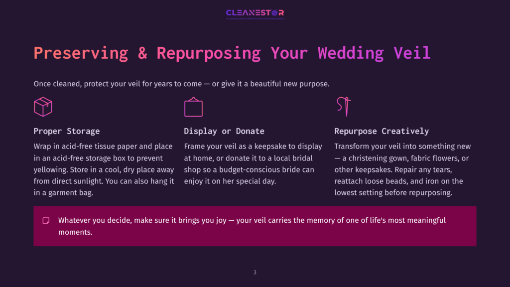 Three Sections On Preserving And Repurposing A Wedding Veil: &Quot;Proper Storage&Quot; With An Icon Of A Box, &Quot;Display Or Donate&Quot; With An Icon Of A Heart-Shaped Frame, And &Quot;Repurpose Creatively&Quot; With A Sewing Needle Icon. The Text Also Includes &Quot;Preserving &Amp; Repurposing Your Wedding Veil.