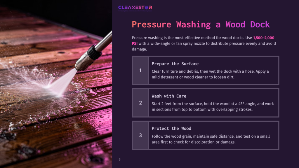 Close-Up Of A Pressure Washer Spraying Water Onto A Wet Wooden Dock, Showing A Cleaning Process With A Pinkish Hue.