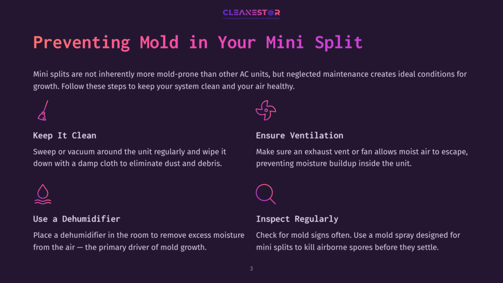 A Dark Purple Graphic With The Cleanestor Logo At The Top, And The Title &Quot;Preventing Mold In Your Mini Split&Quot; Below. Four Sections Describe How To Prevent Mold: Keep It Clean, Ensure Ventilation, Use A Dehumidifier, And Inspect Regularly, Each With An Icon And Brief Text.