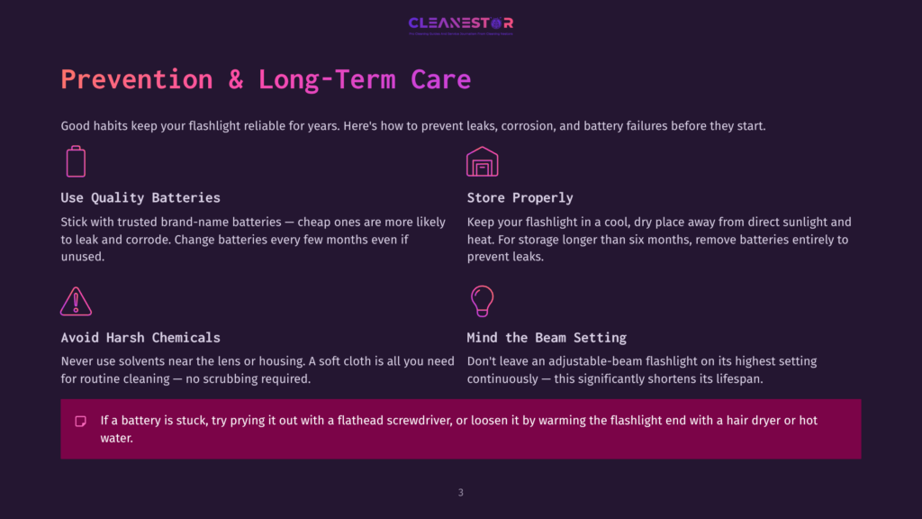 A Dark Purple Background With The Text &Quot;Cleanestor&Quot; At The Top. Below, &Quot;Prevention &Amp; Long-Term Care&Quot; Is In Large White Font. Six Tips For Flashlight Care Are Presented In Columns With Icons: Use Quality Batteries, Store Properly, Avoid Harsh Chemicals, And Mind The Beam Setting. A Pink Rectangle At The Bottom Warns, &Quot;If A Battery Is Stuck, Try Prying It Out With A Flathead Screwdriver, Or Loosen It By Warming The Flashlight End With A Hair Dryer Or Hot Water.