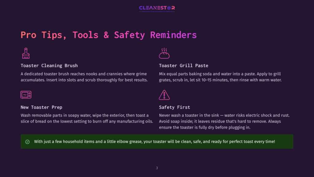 Dark Purple Background With &Quot;Cleanestor&Quot; Logo At The Top. Below, &Quot;Pro Tips, Tools &Amp; Safety Reminders&Quot; In Large White Text. Four Sections Detail Toaster Cleaning, Grill Paste, And Safety With Icons And Text.