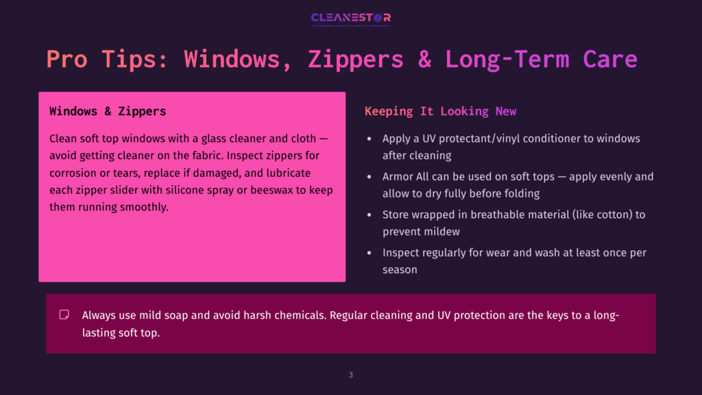 Cleannestor Presentation Slide Titled &Quot;Pro Tips: Windows, Zippers &Amp; Long-Term Care&Quot; Offering Advice On Cleaning And Maintaining Soft Top Windows And Zippers.
