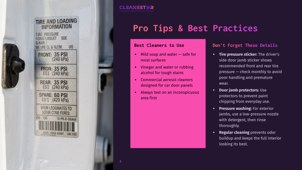 Close-Up Of A Car Door With A &Quot;Cleanestor Pro Tips &Amp; Best Practices&Quot; Sticker, Detailing Tire Pressure Information, Cleaning Tips, And Door Jamb Protection Advice.