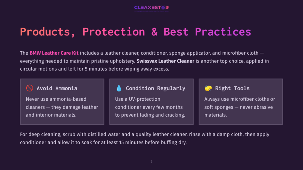 3 Products Protection And Best Practices Cleanestor Logo And Text: &Quot;Products, Protection &Amp; Best Practices.&Quot; Below Are Three Cards: &Quot;Avoid Ammonia,&Quot; &Quot;Condition Regularly,&Quot; And &Quot;Right Tools,&Quot; With Icons And Descriptive Text About Leather Care.