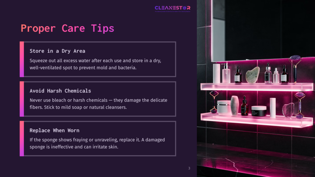 Cleanestor Proper Care Tips For Beauty Tools: Store In A Dry Area, Avoid Harsh Chemicals, And Replace When Worn. A Modern Vanity Shelf With Pink Led Lighting Displays Skincare Products.