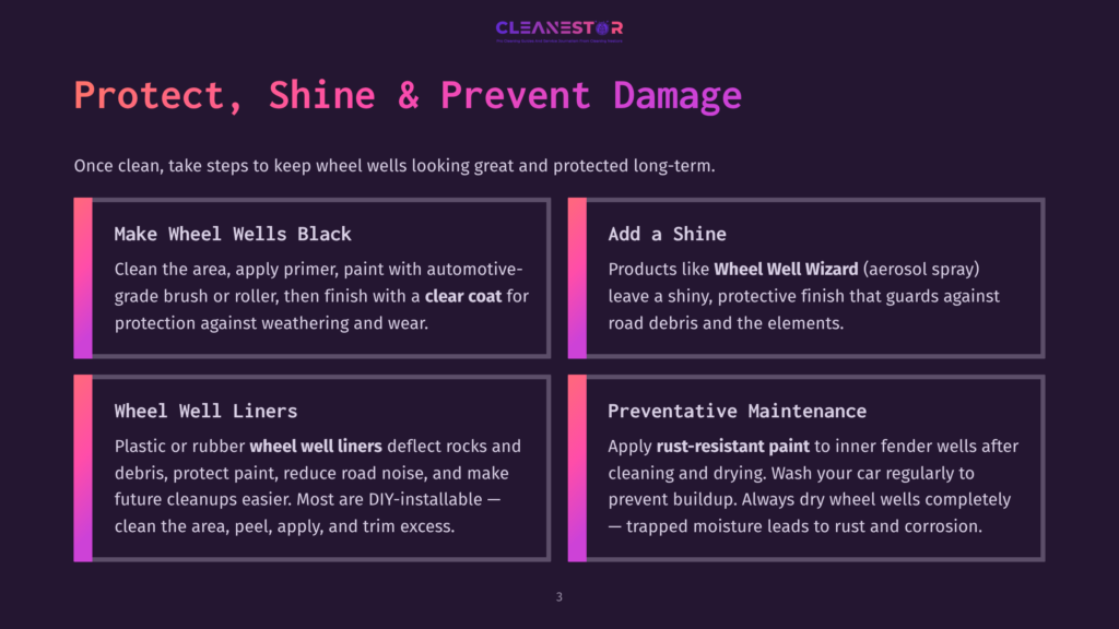 Infographic Titled &Quot;Protect, Shine &Amp; Prevent Damage&Quot; With Four Sections: &Quot;Make Wheel Wells Black,&Quot; &Quot;Add A Shine,&Quot; &Quot;Wheel Well Liners,&Quot; And &Quot;Preventative Maintenance,&Quot; Offering Advice On Car Care.