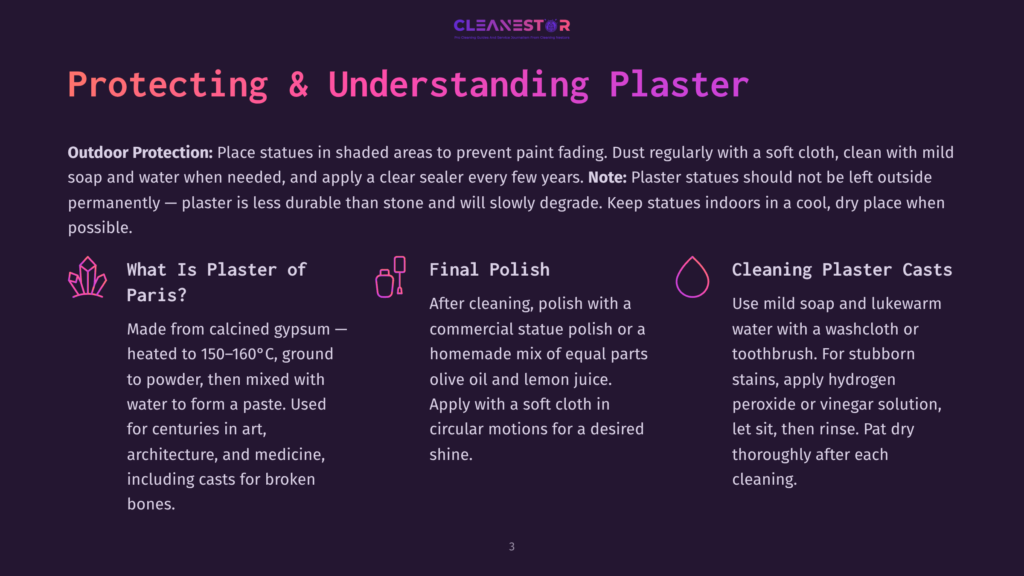 Protecting &Amp; Understanding Plaster: Outdoor Protection, Final Polish, And Cleaning Plaster Casts. Learn About Plaster Of Paris, Its Uses, And How To Care For Plaster Statues.