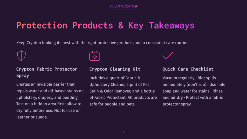 A Dark Purple Slide With The Title &Quot;Protection Products &Amp; Key Takeaways&Quot; Lists Three Key Points: &Quot;Crypton Fabric Protector Spray,&Quot; &Quot;Crypton Cleaning Kit,&Quot; And &Quot;Quick Care Checklist,&Quot; With Icons Representing Each.