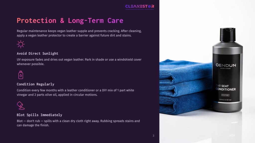 A Bottle Of Oendun Genuine Car Seat Conditioner Sits Next To A Stack Of Plush, Folded Blue Microfiber Cleaning Cloths On A Dark Background.