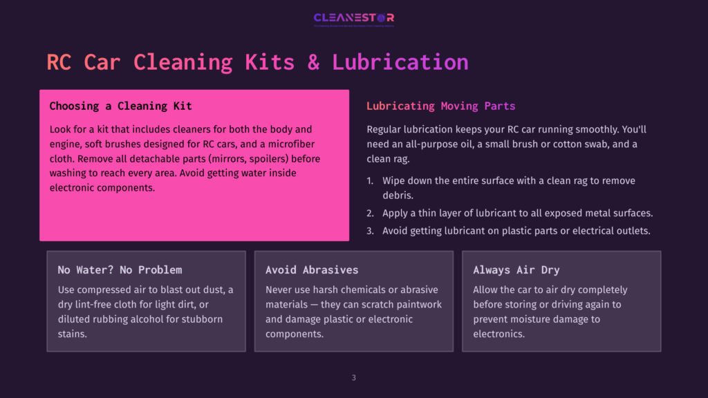 A Webpage Section Titled &Quot;Rc Car Cleaning Kits &Amp; Lubrication&Quot; With Text On Choosing A Cleaning Kit And Lubricating Moving Parts.
