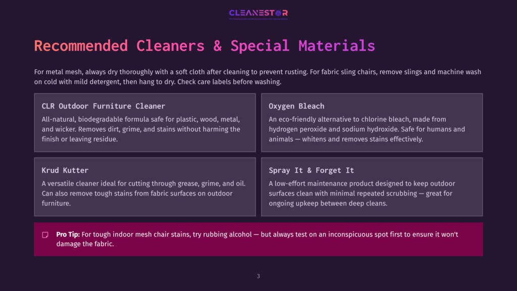 Dark Purple Background With White Text Listing Recommended Cleaners And Special Materials For Outdoor Furniture, Including Clr Outdoor Furniture Cleaner, Oxygen Bleach, Krud Kutter, And Spray It &Amp; Forget It, With A Pro Tip About Testing On An Inconspicuous Spot.