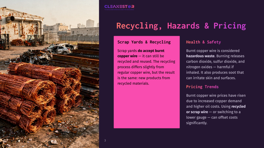 Bundles Of Scrap Copper Wire In A Junkyard, With A Large Industrial Building And City Skyline In The Background. Text Overlay Reads &Quot;Cleanestor&Quot; And &Quot;Recycling, Hazards &Amp; Pricing&Quot;.